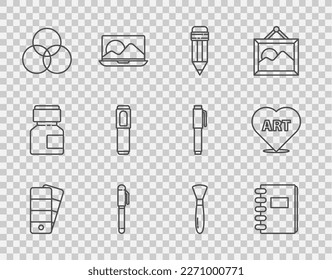 Set line Palette, Spiral notebook, Pencil with eraser, RGB and CMYK color mixing, Marker pen, Paint brush and Heart text art icon. Vector