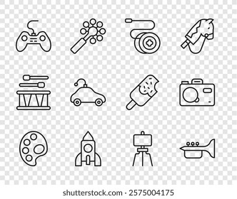 Set line Palette, Trumpet, Yoyo toy, Rocket ship, Gamepad, Radio controlled car, Wood easel and Photo camera icon. Vector