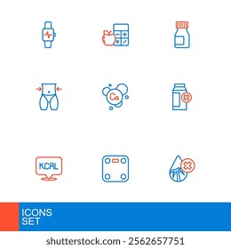 Set line Palm oil free, Bathroom scales, Kcal, Lactose intolerance, Women waist, Calcium, Vitamins and Calorie calculator icon. Vector