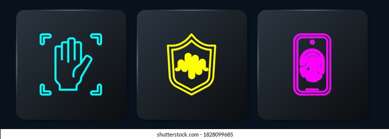Establece el reconocimiento de la impresión de la línea Palm, móvil con exploración de huellas digitales y voz Escudo. Botón cuadrado negro. Vector