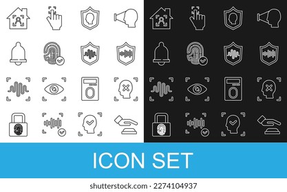 Establecer el reconocimiento de impresión de la línea Palm, la cara de rechazo, la voz Escudo, la protección del usuario, la huella dactilar, el sensor de movimiento, el hogar inteligente con id y un icono. Vector