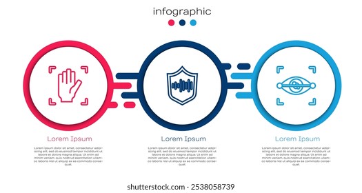 Establecer línea de reconocimiento de impresión de palma, escudo de voz y escaneo de ojos. Plantilla de infografía de negocios. Vector