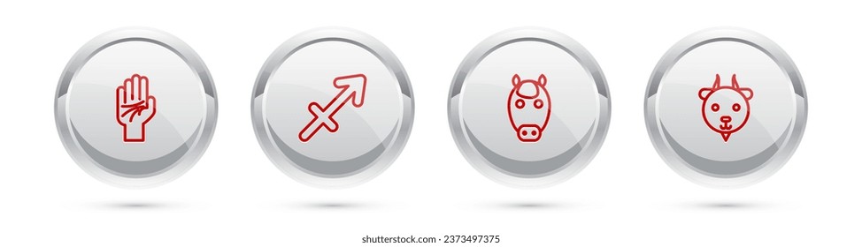 Set line Palmistry of the hand, Sagittarius zodiac, Horse and Aries. Silver circle button. Vector