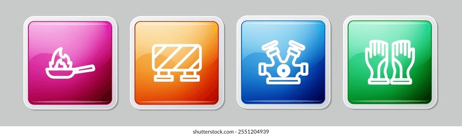 Set line Pan with fire, Road barrier, Fire hydrant and Firefighter gloves. Colorful square button. Vector