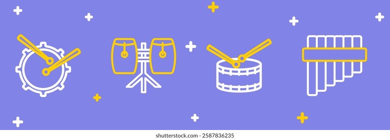 Set line Pan flute, Drum with drum sticks, Conga drums and  icon. Vector