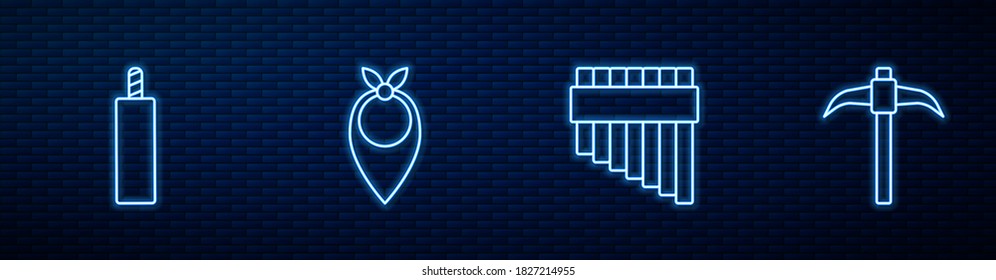 Set line Pan flute, Dynamite bomb, Cowboy bandana and Pickaxe. Glowing neon icon on brick wall. Vector