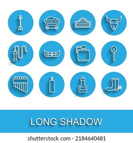 Set line Pan flute, Dynamite bomb, Crossed arrows, Tabasco sauce, Cowboy boot, Kayak or canoe and paddle, Shovel and Canteen water bottle icon. Vector
