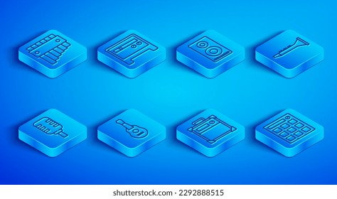 Set line Pan flute, Guitar amplifier, Stereo speaker, Clarinet, Microphone and Drum machine icon. Vector