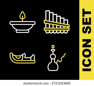 Set line Flauta de cacerola, cachimba, zapatos indios e icono de lámpara de aroma. Vector