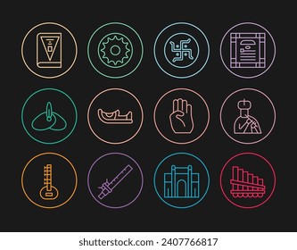 Set line Pan flute, Indian man plays, Hindu swastika, shoes, headgear turban, constitution day, symbol hand and Chakra icon. Vector