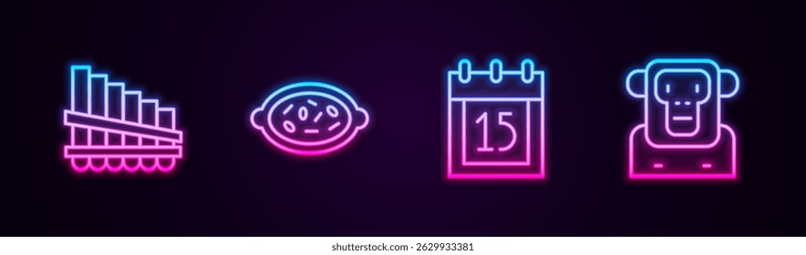 Set line Pan flute, Kheer in bowl, Independence day India and Monkey. Glowing neon icon. Vector