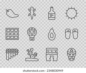 Set Line Pan Flöte, mexikanischer Wrestler, Tequila Flasche, Kaktus, scharfe Chilischoten, Schädel, Huehuetl und Flip Flops Symbol. Vektorgrafik