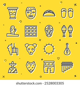 Set line Pan flute, Mexican guitar, Maracas, Taco with tortilla, Chocolate bar, Cactus, drum and wrestler icon. Vector