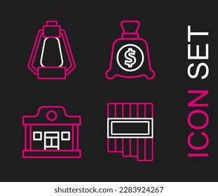 Set line Pan flute, Wild west saloon, Money bag and Camping lantern icon. Vector