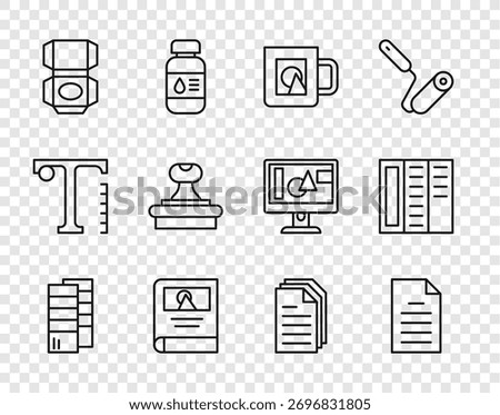 Set line Pantone, File document, Coffee cup, Photo album gallery, Carton cardboard box, Stamp,  and Brochure icon. Vector