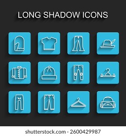 Set line Pants, Christmas mitten, Hanger wardrobe, Sport bag, Winter hat,  and  icon. Vector