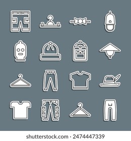 Set line Pants, Oktoberfest hat, Asian conical, Bow tie, Winter, Balaclava, Short or pants and Backpack icon. Vector