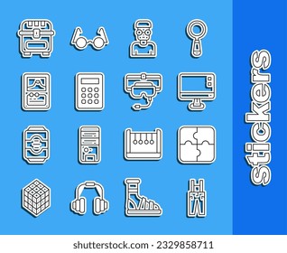 Set line Pants with suspenders, Piece of puzzle, Computer monitor screen, Nerd geek, Calculator, Card game, Antique treasure chest and Virtual reality glasses icon. Vector