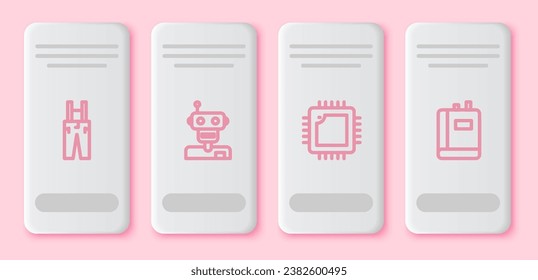 Set line Pants with suspenders, Robot, Processor CPU and Book. White rectangle button. Vector