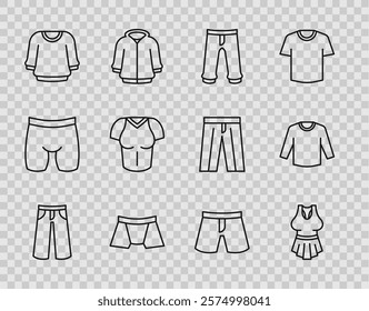 Set line Pants, Undershirt, Men underpants, Sweater, T-shirt, Short or and  icon. Vector