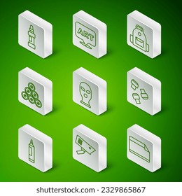 Set line Paper adhesive sticker, Security camera, Marker pen, Balaclava, Paint spray can, Speech bubble with text art,  and attachment icon. Vector