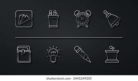 Set line Paper airplane, Book, Ringing bell, Pencil with eraser, Light bulb, case stationery, Stage stand and Alarm clock icon. Vector