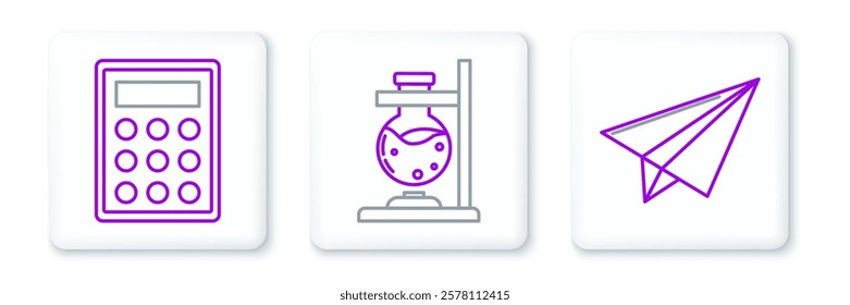 Set line Paper airplane, Calculator and Glass test tube flask on fire icon. Vector