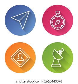 Set line Paper airplane, Compass, Road traffic sign and Radar. Color circle button. Vector