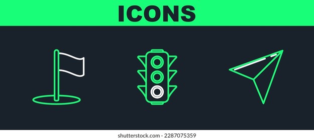 Set line Paper airplane, Flag and Traffic light icon. Vector