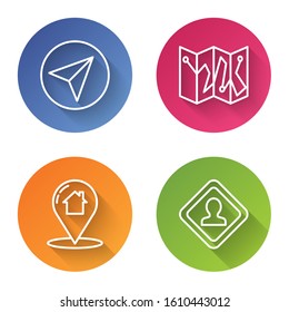 Set line Paper airplane, Folded map with location marker, Map pointer with house and Road traffic sign. Color circle button. Vector