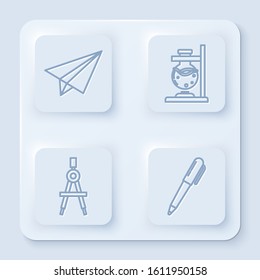 Set line Paper airplane, Glass test tube flask on fire, Drawing compass and Pen. White square button. Vector