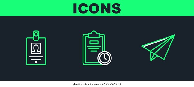 Set line Paper airplane, Identification badge and Exam sheet with clock icon. Vector