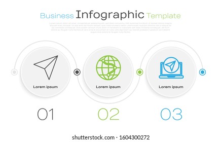 Set line Paper airplane, Location on the globe and Infographic of city map navigation. Business infographic template. Vector