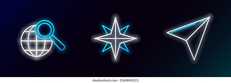 Set line Paper airplane, Magnifying glass with globe and Wind rose icon. Glowing neon. Vector