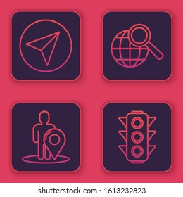 Set line Paper airplane, Map marker with a silhouette of a person, Magnifying glass with globe and Traffic light. Blue square button. Vector