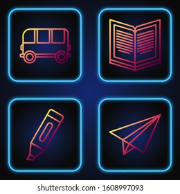 Set line Paper airplane, Marker pen, School Bus and Open book. Gradient color icons. Vector