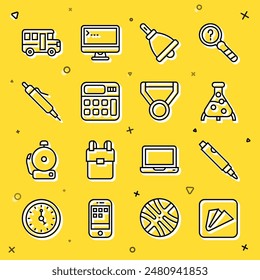Set line Paper airplane, Marker pen, Test tube and flask, Ringing bell, Calculator, Pen, School Bus and Medal icon. Vector