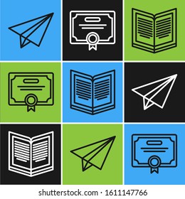 Set line Paper airplane, Open book and Certificate template icon. Vector