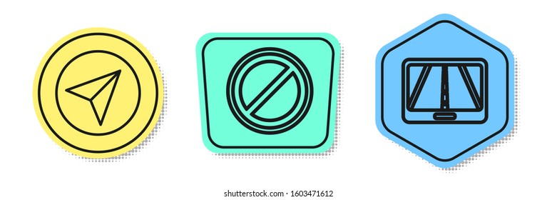 Set line Paper airplane, Stop sign and Infographic of city map navigation. Colored shapes. Vector