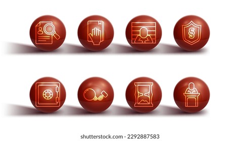 Set line Paper analysis magnifying, Safe, Justice law shield, Old hourglass, Ball on chain, Oath the Holy Bible, Judge and Prisoner icon. Vector
