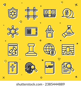Set line Paper analysis magnifying, Prisoner, Bribe money bag, cash, Safe, Hexagram sheriff, Police badge and Judge icon. Vector