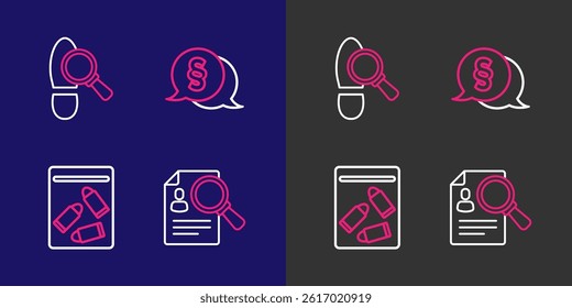 Set line Paper analysis magnifying, Evidence bag and bullet, Law and Footsteps icon. Vector