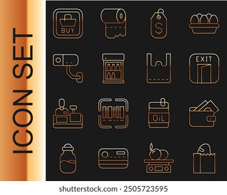 Set line Paper bag with bread loaf, Wallet money, Fire exit, Price tag dollar, Commercial refrigerator, Security camera, Buy button and shopping icon. Vector