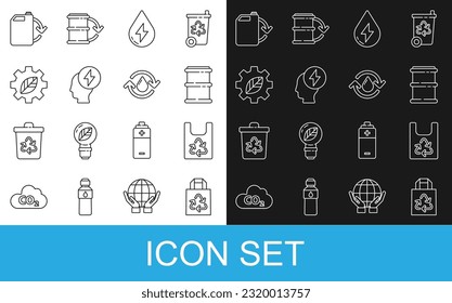 Set line Paper bag with recycle, Plastic, Barrel, Water energy, Head and electric symbol, Leaf plant in gear machine, Eco fuel canister and Recycle clean aqua icon. Vector