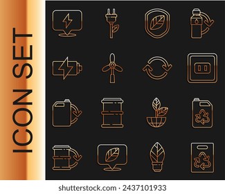 Set line Paper bag with recycle, Eco fuel canister, Electrical outlet, Shield leaf, Wind turbine, Battery, Lightning bolt and Refresh icon. Vector