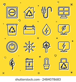 Set line Paper bag with recycle, Lightning bolt, Location leaf, Electric plug, Car battery, Recycle bin, Electrical outlet and Water energy icon. Vector