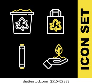 Set line Paper bag with recycle, Plant in hand, Fluorescent lamp and Recycle bin icon. Vector
