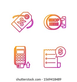 Set line Paper check and financial check, Pos terminal with inserted credit card, Discount percent tag and Signboard hanging with an inscription shop here. Gradient color icons. Vector