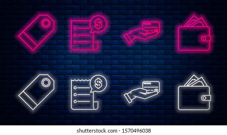 Set line Paper check and financial check, Human hand holding with credit card, Blank label template price tag and Wallet with stacks paper money cash. Glowing neon icon on brick wall. Vector