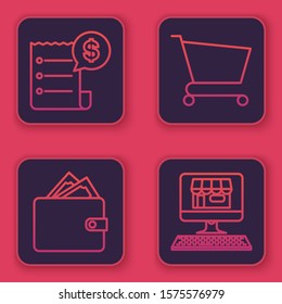 Set line Paper check and financial check, Wallet with stacks paper money cash, Shopping cart and Shopping building on screen computer. Blue square button. Vector